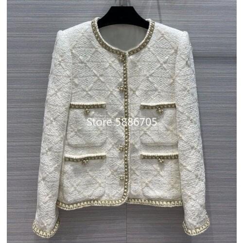 Luxury designer celebrity silk lining 4 pockets tweed coats o-neck single breasted lurex weave plaid white coat S451