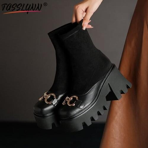 TASSLYNN 2022 Winter Boots Women Stretch Fabric Genuine Leather Womens Platform Heels Shoes Women Modern Ankel Boots for Women