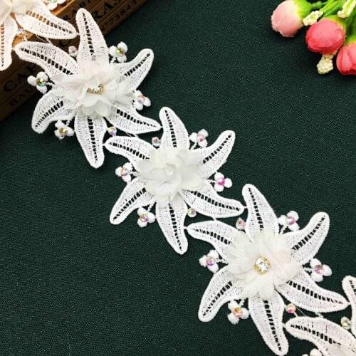 1 yard Starfish Flowers 3D Diamond Chiffon Embroidered Lace Trim Ribbon Fabric Sewing Craft For Costume Wedding Dress Decoration