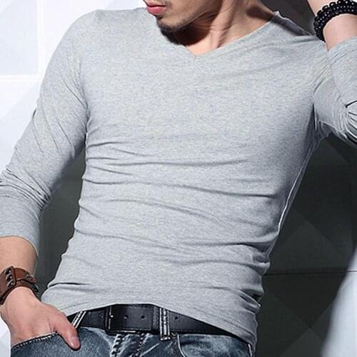 2020 Elastic Mens T-Shirt Casual Men Solid Color Long Sleeve V Neck Cotton Pullover Plus Size Slim T-shirt