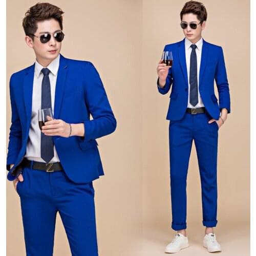 2020 Tide Men Colorful Fashion Wedding Suits Plus Size Yellow Pink Green Blue Purple Suits Jacket and Pants Tuxedos