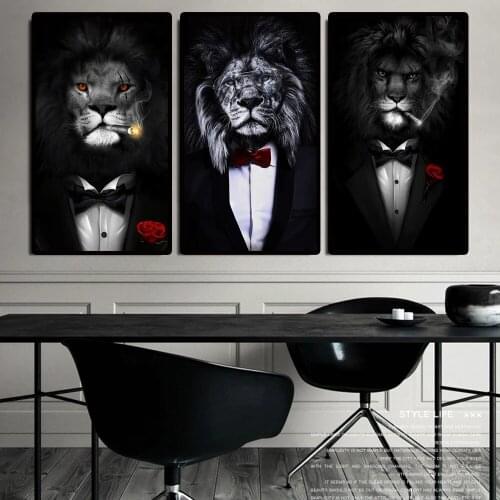 Abstract Smoking Black Suit Lion Painting Poster Printmaking HD Pictures Printed on Canvas for Room Home Decor Wall Art