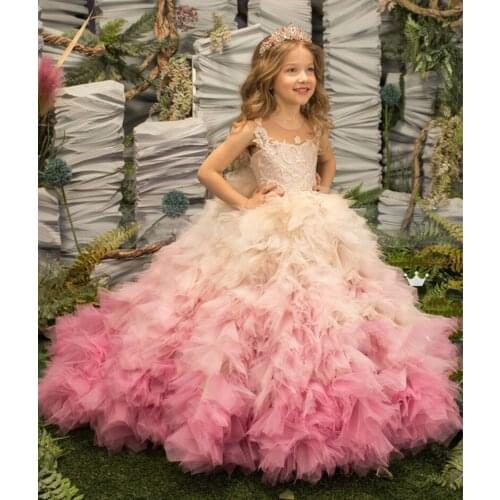 Princess Ball Gown Flower Girl Dress Beaded Ivory Lace Pink Tulle Ruffle Sheer Neck Girls Pageant Gown Birthday Dress