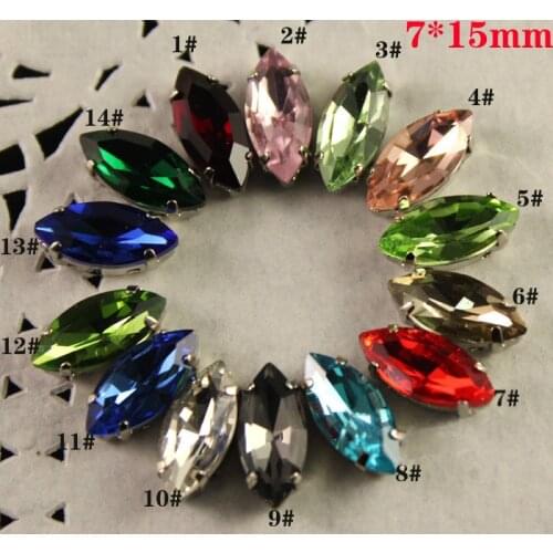 Free Shipping -52 pcs Assorted colors 7x15mm Shuttle Shape Sew On GLASS Crystals with Silver Plated Brass Metal Base for Garment