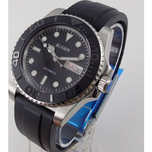 Bliger Mens Watch Japan NH36 Automatic Movement Week Date Window Sapphire Glass Black Dial Rubber Strap Calendar Ceramic Insert