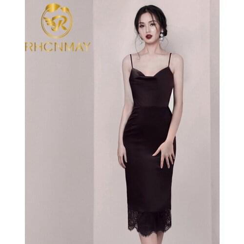 Summer Women Club Sheath Dress 2020 New Sexy Spaghetti Strap Patchwork Lace Bodycon Pencil Female Black Party Dresses