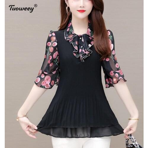 Fashion floral Shirts Tops Korean 2021 New short Sleeve Blusa Women Blouses Office Chiffon Shirts casual o-neck Womens Tops