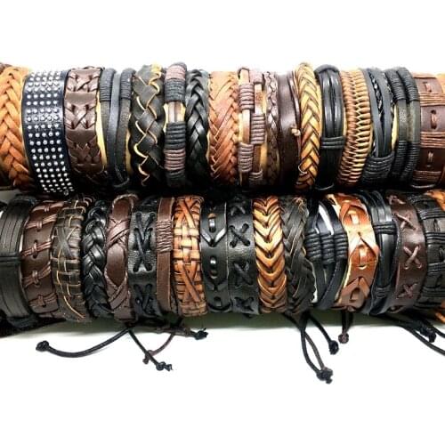 Wholesale 50PCs Mens Womens Bracelets Fashion Punk Biker Style Handmade Real Leather Cuff Jewelry New Packaged in Box
