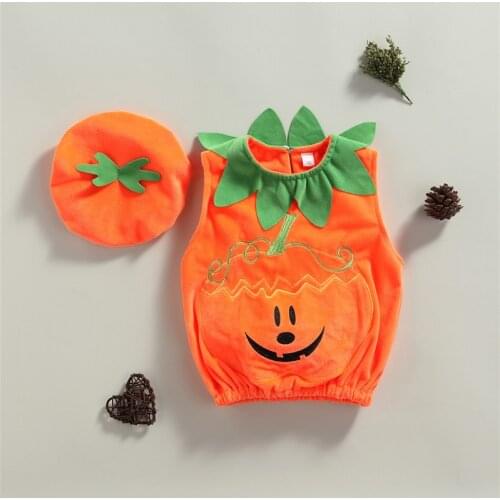 0-3Y Halloween Lovely Baby Girls Clothes Sets Autumn Kids Girls Pumpkin Print Velvet Vest+Hats 2pcs Toddler Casual Outfits