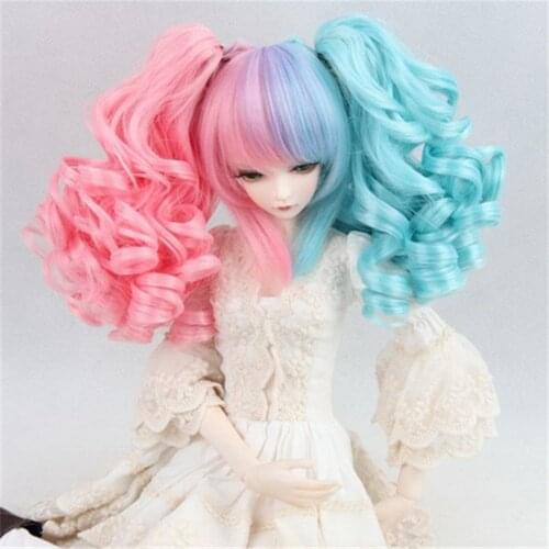 Rainbow Color BJD Wig for 1/3 1/4 1/6 Double Gradient With/Without 2 Ponytail Curly Hair for Doll