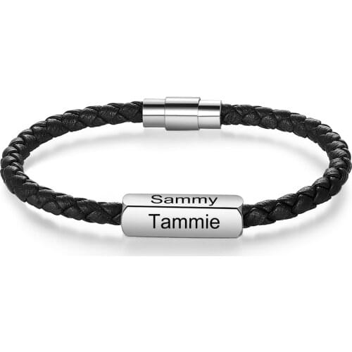 Personalized Stainless Steel Fashion Jewelry Bar Bracelets Engraving Names Braided Leather Bangles Gifts for Men (BA102951)