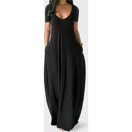 Women Vintage Maxi Dress Summer V-Neck Pockets Short Sleeve Long Dress Female Casual Loose Solid Color Oversize Beach Dresses