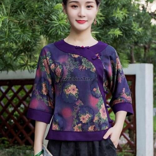 2021 vintage women chinese traditional qipao satin blouse loose tops qipao lady female traditional flower print cheongsam shirt