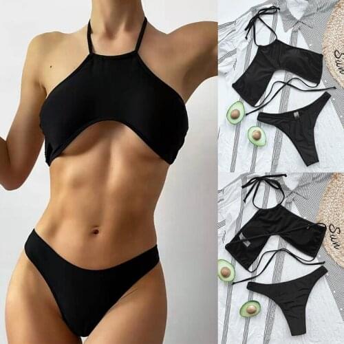 Sexy Halter Bikini Female Swimsuit Women Swimwear 2-Pieces Bikini Set Black Mid Waist Bathing Suit Swim