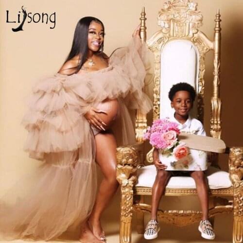 Modest Champagne Ruffles Tulle Long Dresses For Pregnant Puffy Sleeves Prom Gowns Open Front Long Robes Kimono