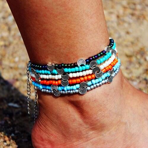 Bohemia Beads Simple Mix Beads Anklet Chain Moon Sun Star Charm Pendant Beach Jewelry for Women Party