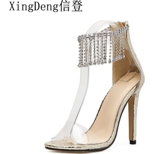 XingDeng Women Transparent Thin Heels Zip Design Dress Shoes Ladies Rhinestone Tassels Sexy Party High Heels Sandals Shoes