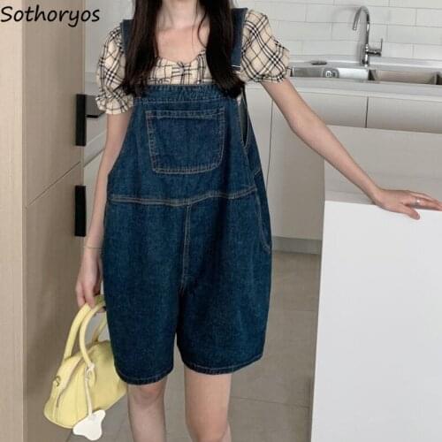 Women Retro Denim Rompers Blue Solid Loose Boyfriend Students Leisure Classic Pockets Summer All-match Trendy Females Playsuits
