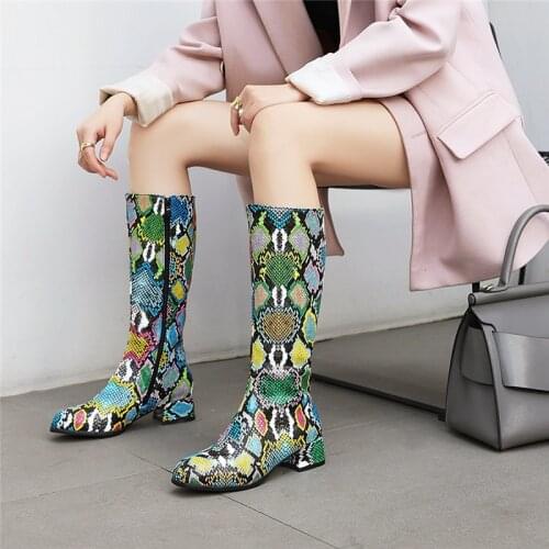 YMECHIC 2021 Spring Winter Chunky Heels Knee Boots Women Colorful Snake Print Long Knight Riding Knee High Boots Female Shoes 43