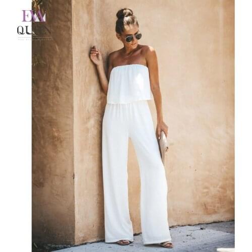 EvaQueen Solid White Ruffle Jumpsuits For Women Strapless High Waist Summer Overalls Backless Loose Fit Soft Sexy Party Rompers
