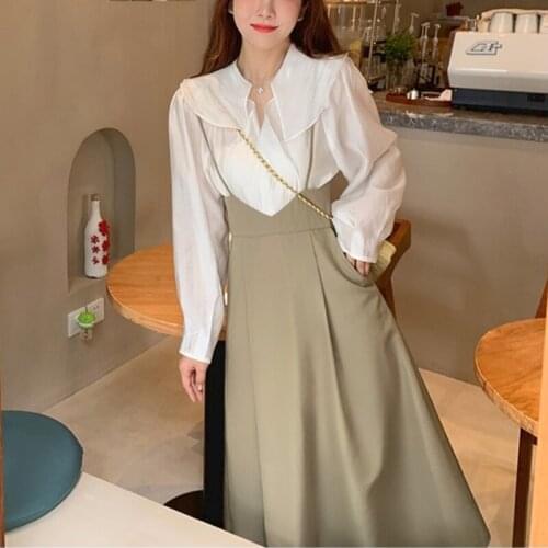 Summer Casual Elegant Two Piece Set Women Sweet Korean Fashion Skirt Suits Autumn 2021 White Long Sleeve Blouses Suspender Skirt