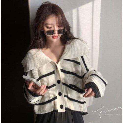 Striped Knitted Sweater Women Turn Down Collar Loose Korean Single Breasted Cardigan Long Sleeve Jumpers Autumn Winter Warm X590
