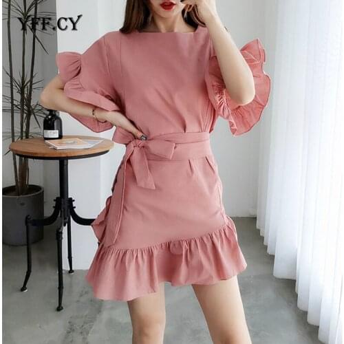 Elegant Fashion Adjustable belt Ruffle Stitching Short Dress Women Casual cotton and linen Petal sleeve sexy mini dresses female