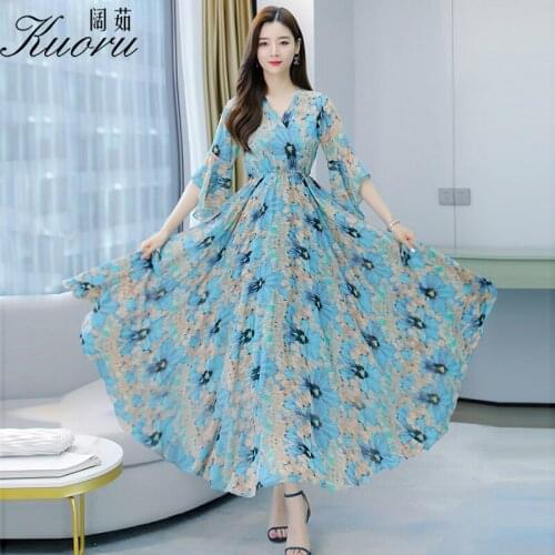 Size 4XL Women Casual Midi Dress V Neck Summer Chiffon Vestito Floreale Red Boho Dresses For Party Blue Vestidos Largos Verano