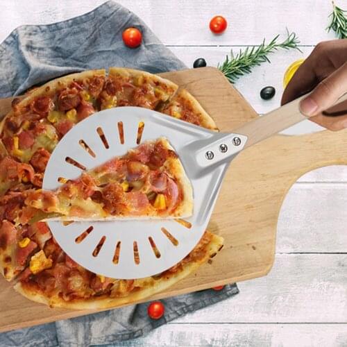 Zza Turning small Pizza Peel Paddle Short round Pizza Tool Non Slip wooden Handle 7 8 9 inch Perforated Pizza Shovel Aluminum 2