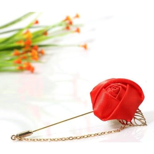 Fashion Artificial Rose Flower Brooches Male Suits Gold Leaves Alloy Lapel Pin Long Needle Satin Corsage With Chain Collar Pins