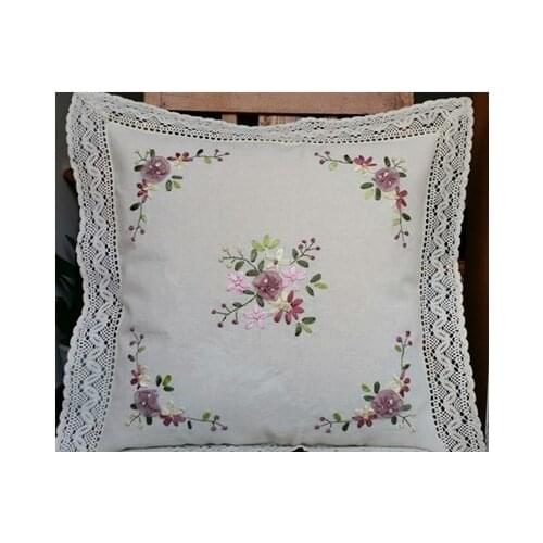 2pcs Handmade Embroidery Vintage Crocheted Throw Pillow Case Silk Ribbon Flower Cotton High Quality Home Squar Cover 40cm