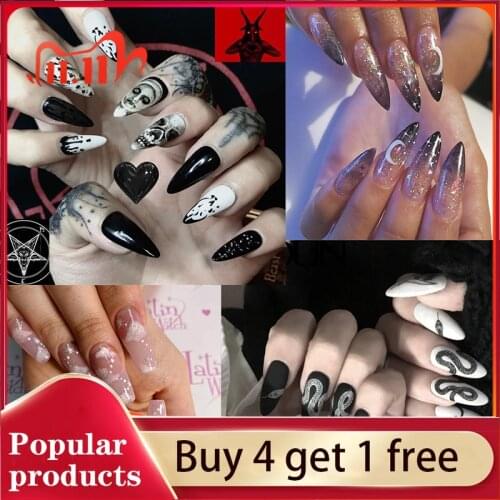 24pcs/set Long Stiletto Fake Nails Punk Snake Pattern Black White Matte False Nails Artificial Full Nail Tips Manicure Tools