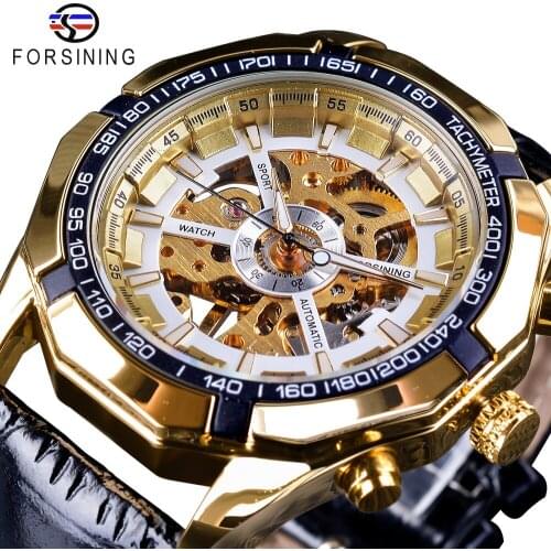 Forsining Mens Mechanical Watches Top Brand Luxury Fashion Gold White Skeleton Design Wristwatch Luminous Hands Horloges Mannen