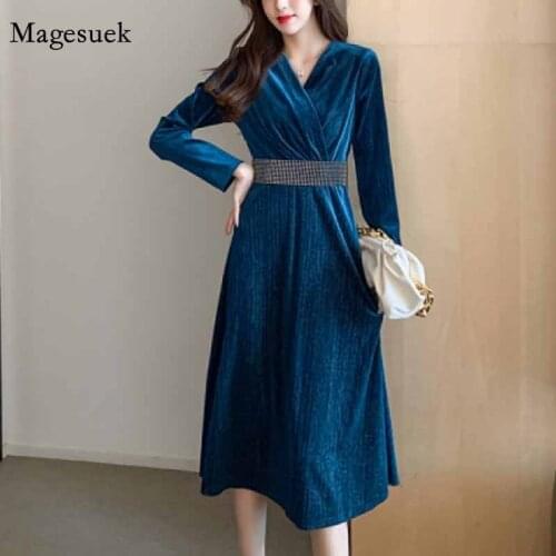 Elegant V-neck Winter Velvet Gentle French Style High Waist Slim Long Dress 2020 Autumn Diamond Party Dresses for Women 12555