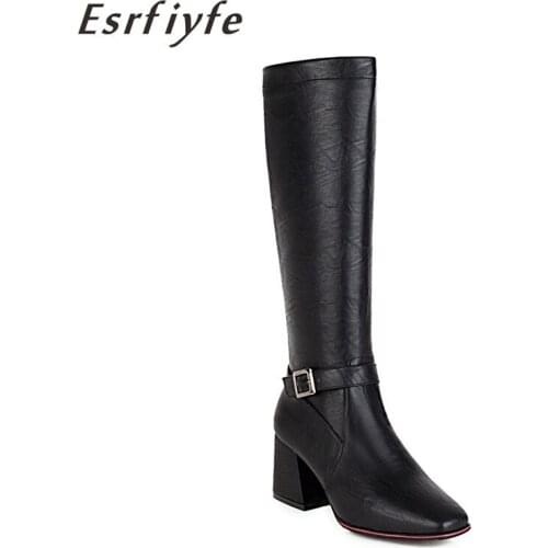 ESRFIYFE 2020 New Large Size 34-50 Women Long Boots Woman Knee High Boots Slip on Square Toe High Heels Knight Boots Women