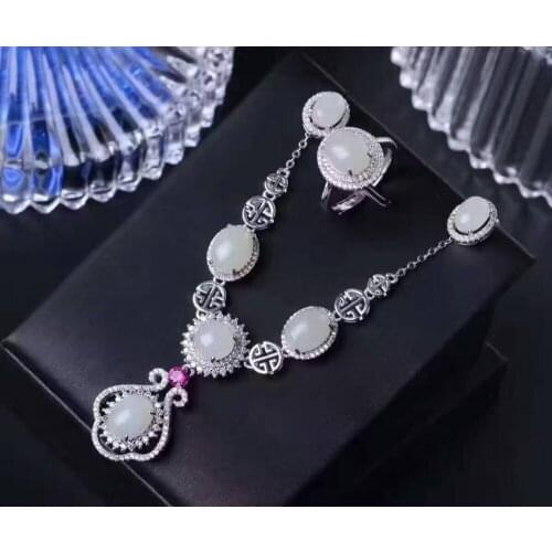 Natural white jade gem jewelry sets natural gemstone ring Necklace earrings 925 silver Exquisite round women party fine jewelry