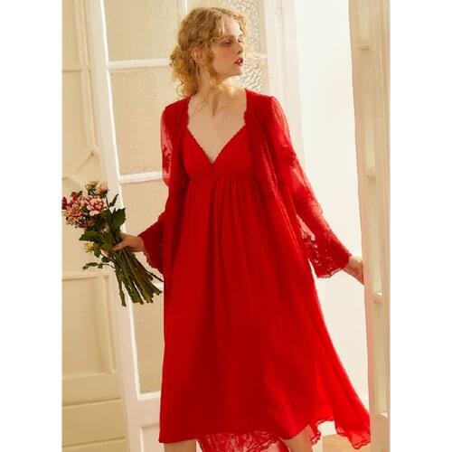 Robe Set Two Pieces Spaghetti Strap Deep V Neck Solid Cotton Sleepwear Lace Bathrobe Set Luxury Nightgown Long Negligee T728