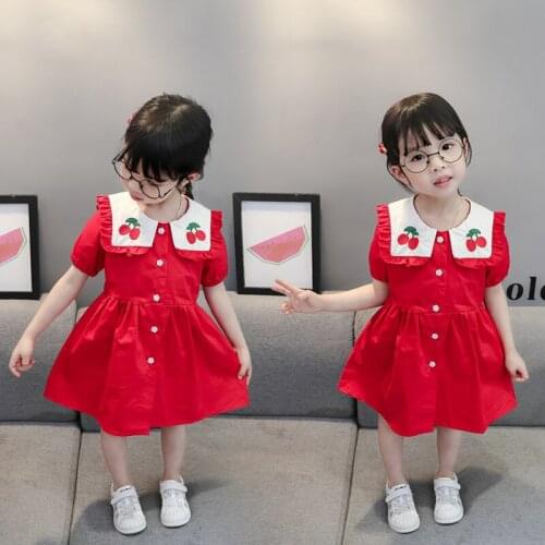 2021 Sweet Kids Dresses for Girls Toddler Girl Summer Outfits Cherry Embroidery Turndown Collar Short Sleeve Girls Dresses 0-5Y