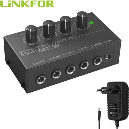 LiNKFOR MX400 Ultra Bass Noise 4-Channel Line Mono Audio Sound Mixer 1/4" TS Connector for Microphone Guitar Stage Bass Mixer