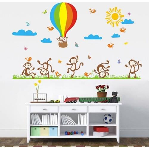 Cartoon monkey Hot Air Balloon Wall Sticker for kids baby rooms decoration Mural Art Decals home decor stickers wallpaper