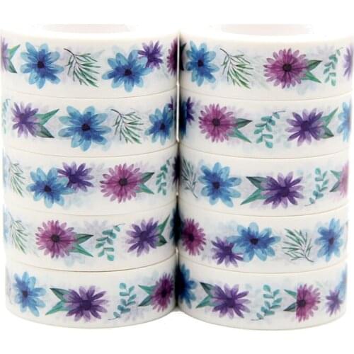 NEW 10pcs/Lot 15mm x 10m Watercolour Background with Blue Violet Flowers Washi Tape Scrapbook Paper Masking Adhesive Washi Tape
