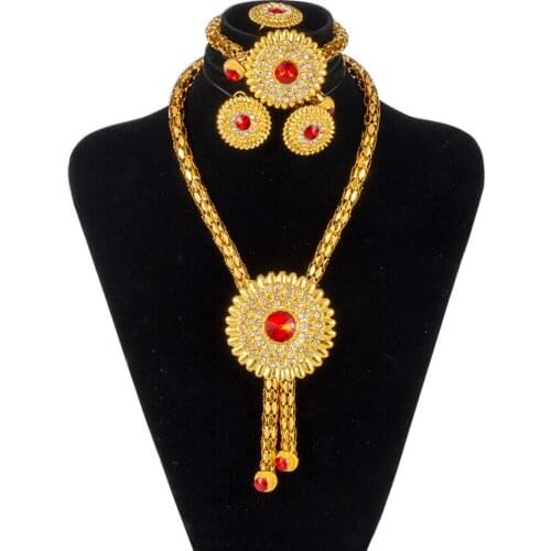New 2020 Big Flower Ethiopian Jewelry Set for Women Arabic African Earrings Sets Dubai Jewelry Gold Color Necklace Bridal Gift