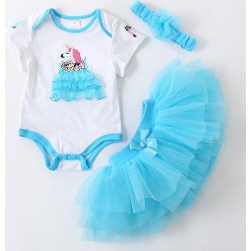 Infant Clothing Baby Romper Three Piece Suit Baby Onesies for Summer Unicorn Pattern Blue Pink with Headdress Baby Girl Clothes