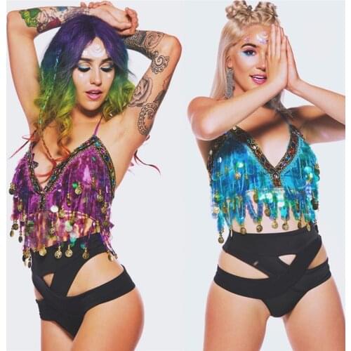 2019 New Sequin Tassel Mermaid Mirror Crop Top Festival Body Harness Bra Bralette Beading Coins Lace-Up Chiffon Boho Camis Top