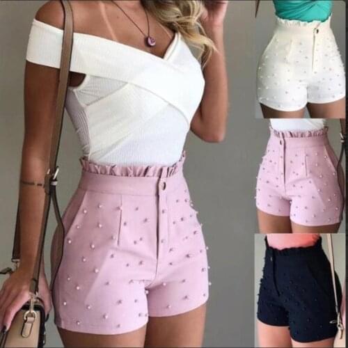 2021 New Fashion Solid Color High Waist Button Ruffled Beaded Summer Women Shorts Button Ruffled Beaded Summer Women Shorts