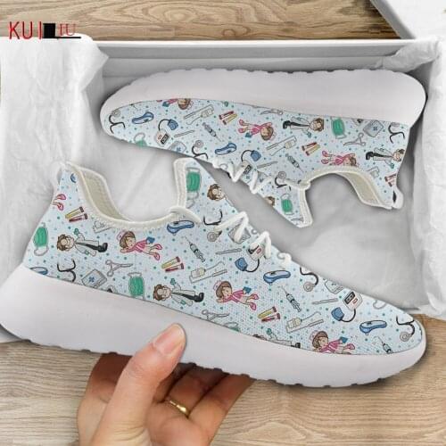 KUILIU Cartoon Nurse Doctor Women Men Knit Shoes Autumn Dot Print Running Sports Shoes Designer Breathable Female Mesh Sneakers