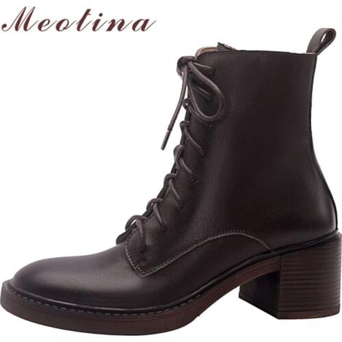 Meotina Women Genuine Leather Fashion Boots Platform Thick High Heel Shoes Ankle Boots Lace Up Ladies Boots Autumn Cow Leather
