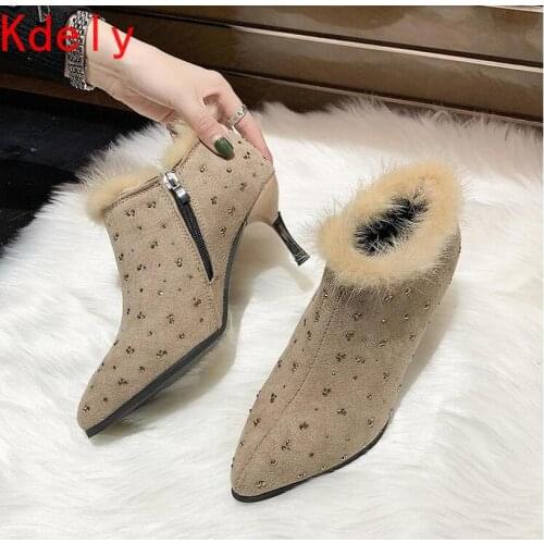 Rivet Women Ankle Boots Pointed Toe Thin Mid Heels Short Ankle Boots Ladies Spring/Autumn Botas Slip on Fashion Black Brown Boot