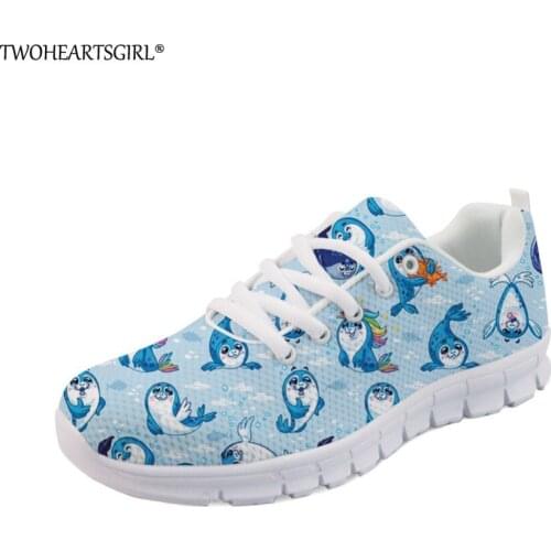 Twoheartsgirl Ocean Style Seal Print Mesh Shoes for Women Cute Female Ladies Lace Up Flats Personalized Women Sneakers Plus