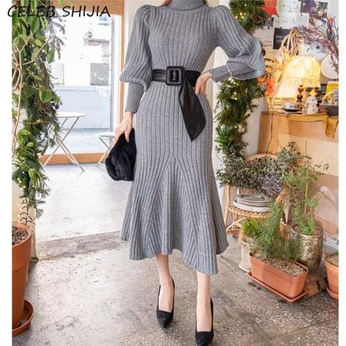 Turtleneck Knitted Dress Woman New Autumn Lantern Sleeve Gray Chic Elegant Knit Dress Vestido Woman Korean Warm Knitwear Fall
